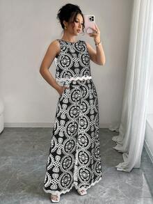 Rafferiza 女士圆领无袖露脐上衣和宽松印花撞色长裤两件套，夏季时尚大学服装 - 黑與白 - 查看 5