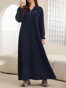 Mulvari 宽松海军蓝半拉链高领女士冬季连衣裙 - 藏蓝色 - 查看 7