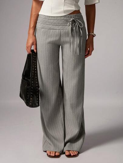 Avenya Striped Low Waist Wide Leg Maxi Pants With Dual Waist Tie Decoration, Minimalist Elegant Commuter Casual Straight-Leg Suit Pants Loose-Fit Pants, Autumn/Winter,Fall, Old Money, Thanksgiving, Elegant