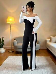 Elenzga Jumpsuit Wanita Minimalis dengan Warna Kontras untuk Pakaian Sehari-hari, Model Off Shoulder - Hitam dan Putih - View 5