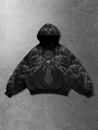 ROMWE MEN Goth Sudadera con capucha casual de manga larga con estampado de calavera y cruz en el bolsillo para hombre