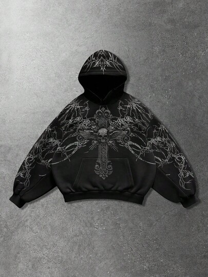 Goth Men's Skull & Cross Print Pocket Casual Hoodie