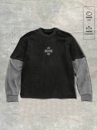 Street Life T-shirt à manches longues col rond casual 2 en 1 pour hommes