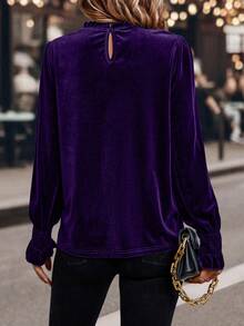SHEIN Clasi Women's Solid Color Frill Trim Round Neck Long Sleeve Elegant Blouse - Purple - View 2