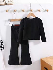 Girls Casual Minimalist Round Neck Raglan Long Sleeve Short Solid Color 3D Bow Knit Flower T-Shirt Paired With High Waist Long Flared Solid Color Fuzzy Ribbed Pants Set, Fashionable Autumn/WinterTwo Piecese Outfit For Girls - Black - View 2
