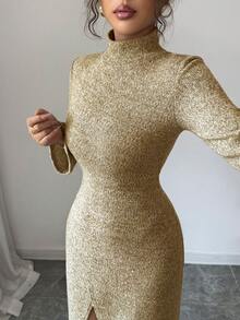 Modelyn Women's Turtleneck Bodycon Knit Slit Dress, Autumn/Winter - Yellow - View 3