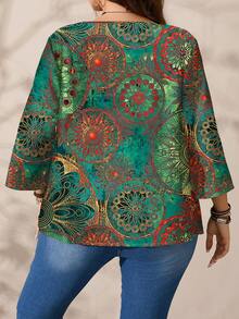 EMERY ROSE Plus Size Women Casual All-Over Print Round Neck Loose 3/4 Sleeve Shirt, Autumn/Winter - Multicolor - View 5