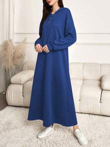 Lacomfia 女士纯色纽扣设计落肩长袖休闲宽松连帽阿拉伯连衣裙 - 藍色 - 查看 2