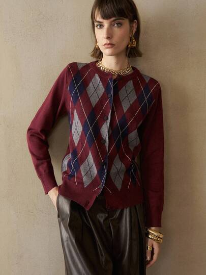 Arave Women's Fitted Argyle Color Block Design Casual Commuter Crew Neck Long Sleeve Cardigan Sweater