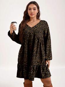 EMERY ROSE Gaun Kasual Motif Leopard Leher V Lengan Panjang Ukuran Besar untuk Wanita, Pesta Tahun Baru Musim Gugur/Musim Dingin - MultiWarna - View 5