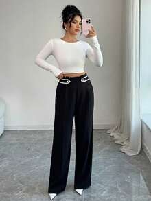 SHEIN Elenzya Women's Casual/Office Black Pants With Waist Pleats And Button Decor - Black - View 5