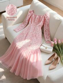 Franclia فستان أنيق للنساء بياقة مربعة وتصميم جاكار شبكي وقصة A-line بأكمام طويلة، مناسب للأعراس والعطلات والحفلات والمناسبات الأخرى