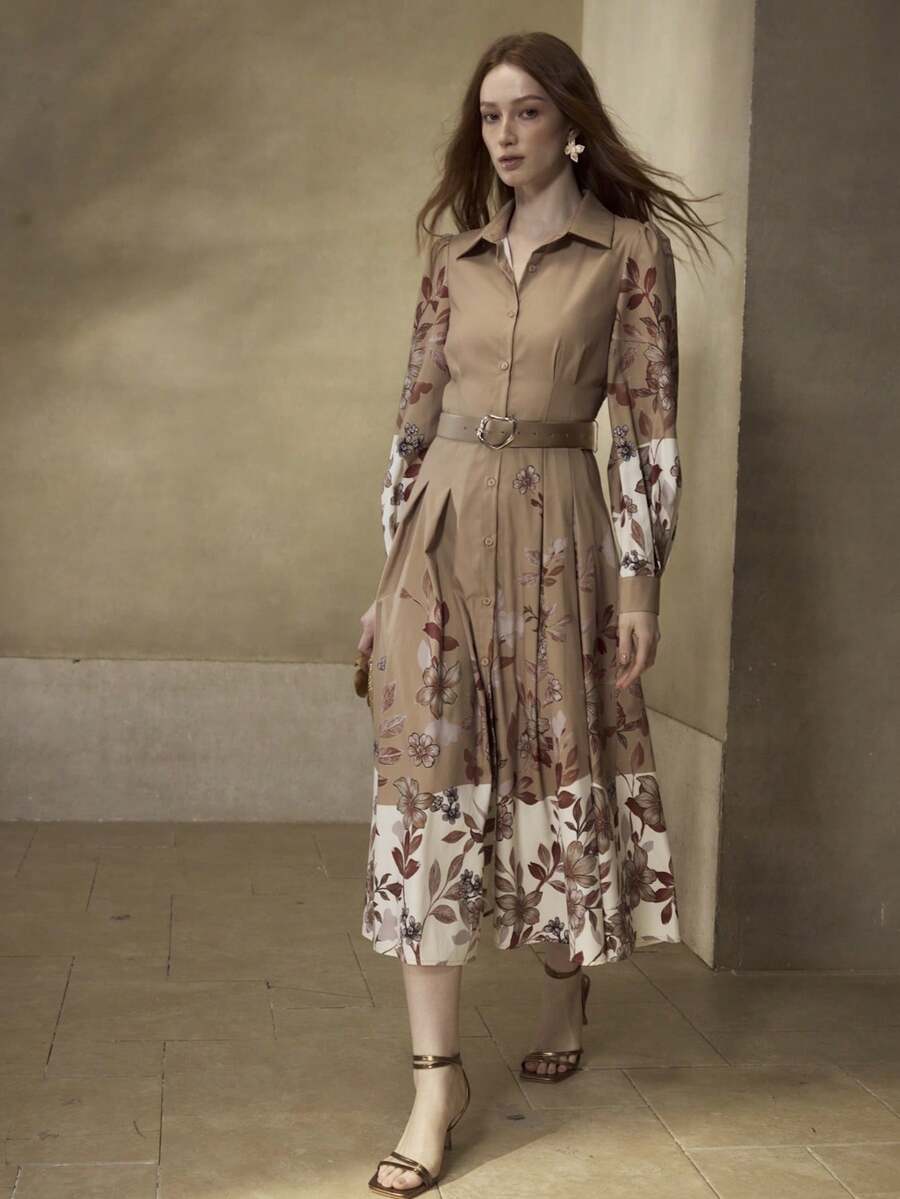 MOTF PREMIUM Váy sơ mi họa tiết hoa Colorblock - Màu be - Xem 1