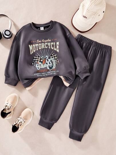 SHEIN Explorewe Casuvi Kid Young Boy2-Piece Set - Knit PullovePullover Sweatshirtie & Pants, Motorcycle Graphic Print, Minimalist Style, Casual Everyday Wear, Retro College Vibe, Regular Thickness, Suitable For Spring/Autumn Vacation & Sports