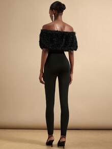 Lyxana 1pc Women's Black Off-Shoulder Fur Collar Fitted Jumpsuit - Black - View 2