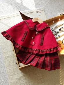 Vintaside Kids 2 件套女婴秋冬新款 2025 红色斗篷拼布格子娃娃领下摆格子荷叶边门襟纽扣肩带小众设计上衣和褶皱红色格子迷你裙，学院风可爱时尚套装 - 紅色 - 查看 1