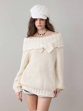 Kawaii Maglione da donna con decorazione a fiocco sulle spalle