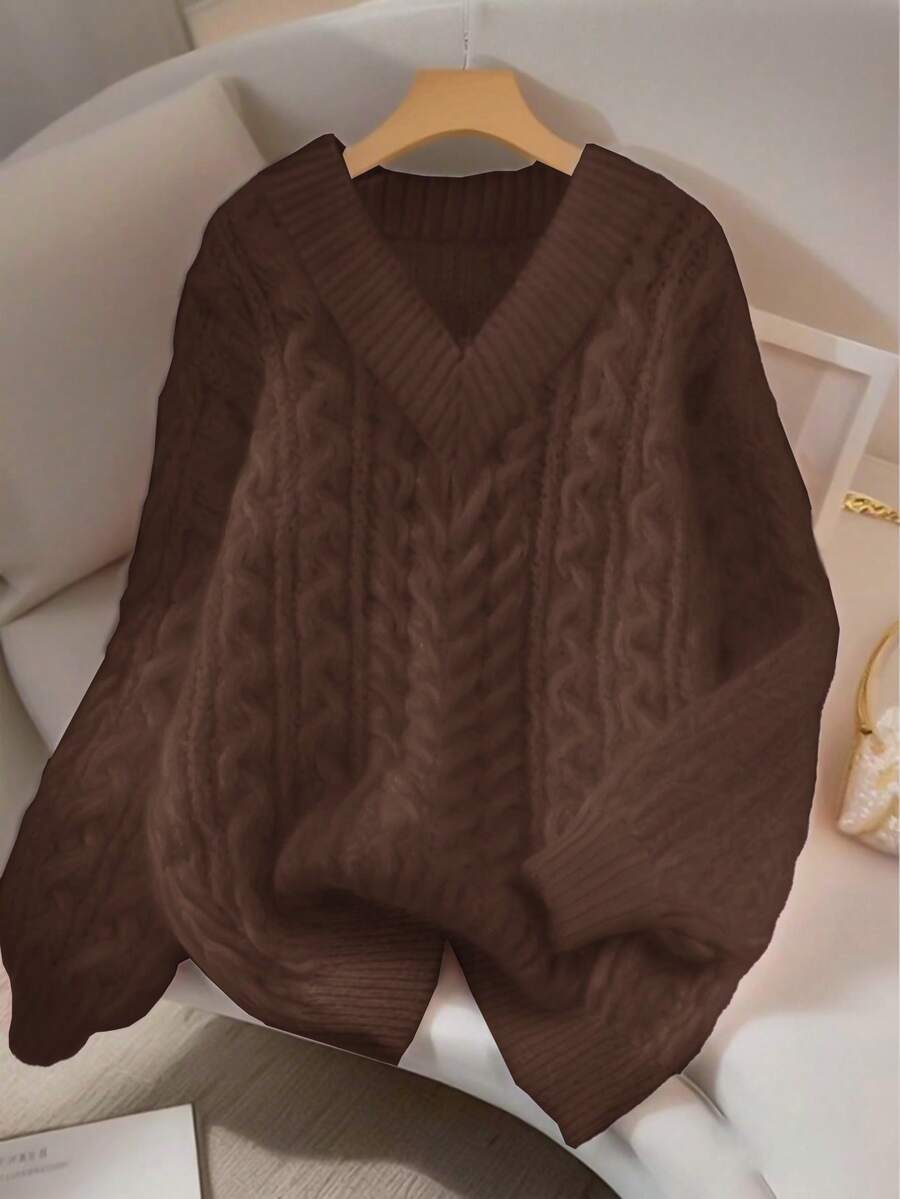 Franclia 全新宽松柔软甜美粉色休闲设计 V 领粗针织套头衫，适合女士，百搭 - 咖啡棕 - 查看 1