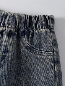 SHEIN 3 Stücke Baby Mädchen Süßer Stil Outfit, beinhaltet: Gerüschter Kragen Langarm Strickshirt in Apricot, Gerüschter Kragen Jeansweste in Vintage Mittelblau, Gerüschter Saum Loose Fit Jeans in Vintage Mittelblau. Bequemer und weicher Stoff, modischer Alltags-Look