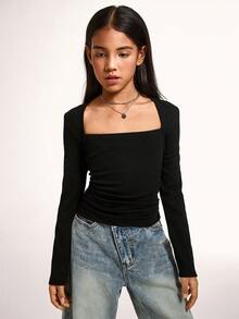 Radiana Tween Girls T-Shirt With Queen Anne Neckline For Everyday Casual Style Long Sleeve,Fall/Winter,Halloween ,Christmas,Party,Graduation ,Elegant - Black - View 3