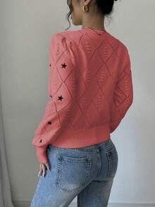 Elenzga 女士休闲星形图案圆领毛衣，秋冬季 - 西瓜粉 - 查看 2