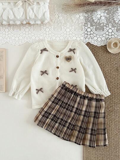 SHEIN 2pcs Girls Cartoon Cute 3D Bear Cardigan Top + Plaid Pleated Skirt Set, Spring/Autumn