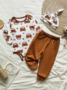 Vintaside Kids 2 件套男婴秋季新款 2025 可爱熊印花翻领长袖连体衣和宽松裤子套装 + 帽子，休闲舒适服装 - 彩色 - 查看 5