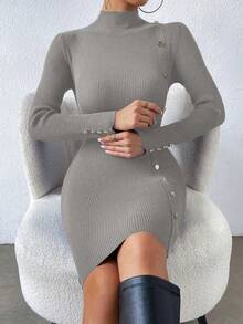 Celisse 女式纯色立领长袖纽扣设计修身针织连衣裙，秋冬 - 灰色 - 查看 6