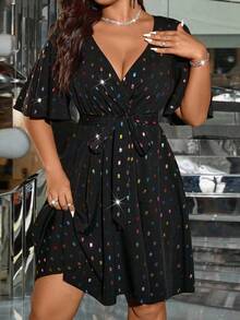 SHEIN Clasi Robe de cocktail élégante pour femmes grandes tailles, avec taille cintrée et sequins laser
