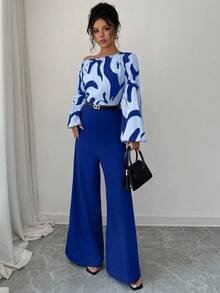 Elenzga 女式印花拼布腰部阔腿连体裤，优雅廓形，适合日常通勤和百搭穿着 - 藍色 - 查看 3