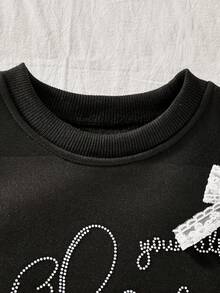 女童休闲长袖连衣裙，带水钻图案，蕾丝蝴蝶结装饰，适合散步、旅行、购物、度假，可搭配夹克、背心 - 黑色 - 查看 5