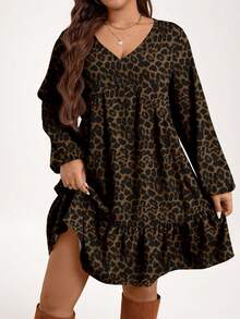 EMERY ROSE Gaun Kasual Motif Leopard Leher V Lengan Panjang Ukuran Besar untuk Wanita, Pesta Tahun Baru Musim Gugur/Musim Dingin - MultiWarna - View 1