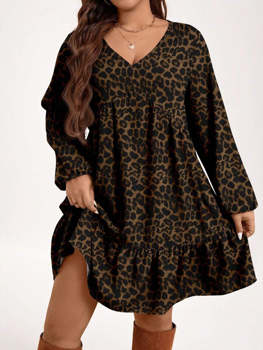 EMERY ROSE Gaun Kasual Motif Leopard Leher V Lengan Panjang Ukuran Besar untuk Wanita, Pesta Tahun Baru Musim Gugur/Musim Dingin - MultiWarna - View 1