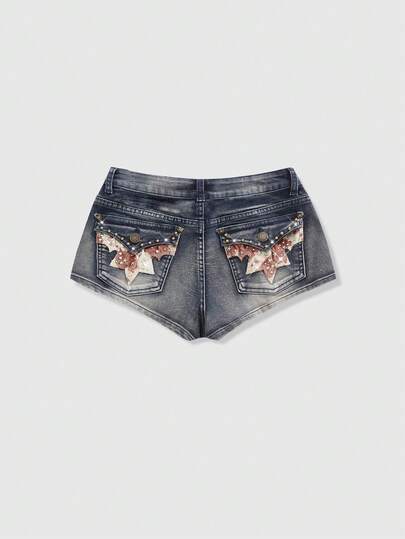 Hippie Short mini taille basse vintage lavé femme rétro hippie festival de musique imprimé vache décoré de clous peluche