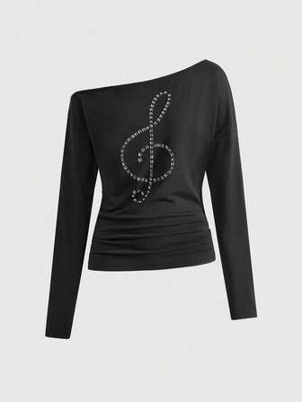 ROMWE Avant Women's Y2K Music Note Studded Asymmetric Shoulder Top