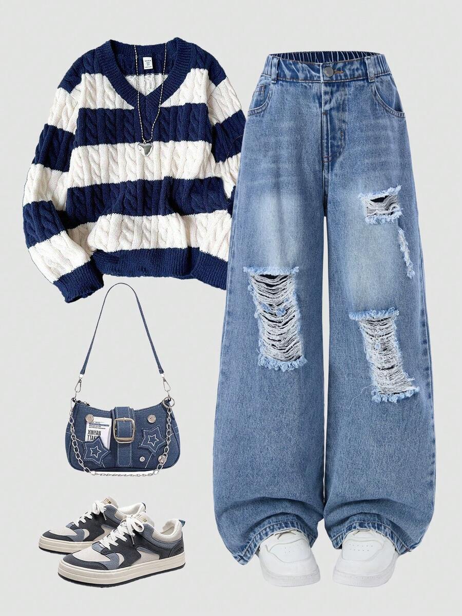 SHEIN Explorewe Quần jeans denim rách ống đứng, dáng rộng, giặt cơ bản cho bé gái tuổi teen + Quần denim rách màu xanh nhạt, cạp chun cơ bản, phù hợp với mọi mùa, chất liệu vải thoải mái - Rửa nhẹ - Xem 1