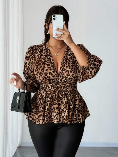 Elenzga Blusa de moda sexy con mangas farol, cintura ceñida y escote en V profundo con estampado de leopardo para mujer de talla grande