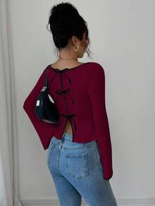 Selianne Camiseta feminina casual com gola redonda e gravata borboleta, cor contrastante - Vermelho - Ver 2