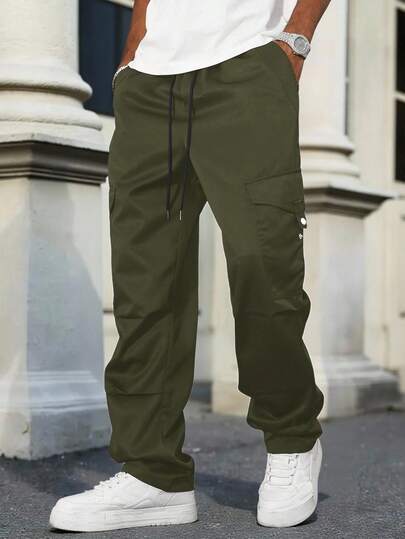Manfinity CasualCool Men's Solid Color Pocket Drawstring Casual Loose Cargo Pants Men Cargos Men Cargo Pants Men Street Wear Pants