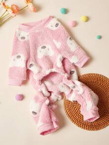 PETSIN 1件宠物猫狗通用粉色熊图案印花可爱时尚秋冬毛绒保暖舒适圆领狗狗连体衣 - 粉色 - 查看 4