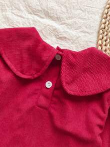SHEIN Vintaside Kids 1 件幼儿女童舒适休闲韩版翻领 3D 刺绣灯芯绒长袖百搭上衣，适合春秋冬日常穿着 - 紅色 - 查看 10