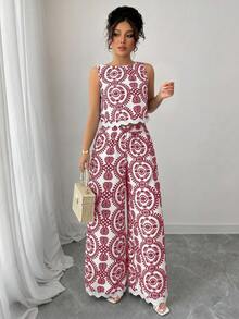 Chiquease 2 件套女士植物印花圆领无袖上衣和阔腿裤套装，度假装