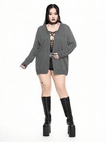 ROMWE Áo khoác cardigan mỏng họa tiết da rắn họa tiết hoa Gothic cỡ lớn cho nữ - Màu xám đen - Xem 5