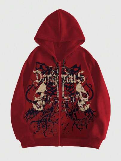 Plus Size Women Letter & Skull Print Zip Front Drawstring Hoodie Sweatshirt
