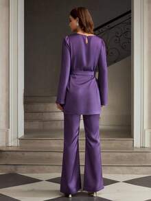 ZEYLAH Women's Bell Sleeve Top And Bell Bottom Pants Set - Purple - View 3