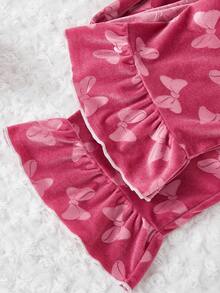 2 件套可爱天鹅绒蝴蝶结花卉印花长袖开衫和裤子舒适女孩休闲家居服 - 彩色 - 查看 3