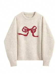 EMERY ROSE Plus Size Casual Bow Jacquard Knit Sweater, Autumn/Winter - Multicolor - View 4