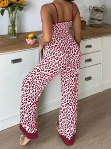 Sweet Ins Colorblock Leopard Print & Lace Patchwork Women Pajama Set Pink Pajamas Set Animal Print Pajama Set Pink Leopard Print Pajamas - 勃根地 - 查看 3