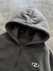 AXEPEAK 男士几何印花拉链休闲羊毛连帽衫，秋冬 - 深灰色 - 查看 4