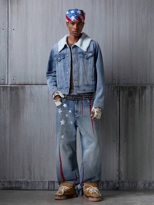 NEON BLANC Men's Casual Denim Jacket With Fur Collar, Long Sleeve, Single-Breasted, Autumn/Winter